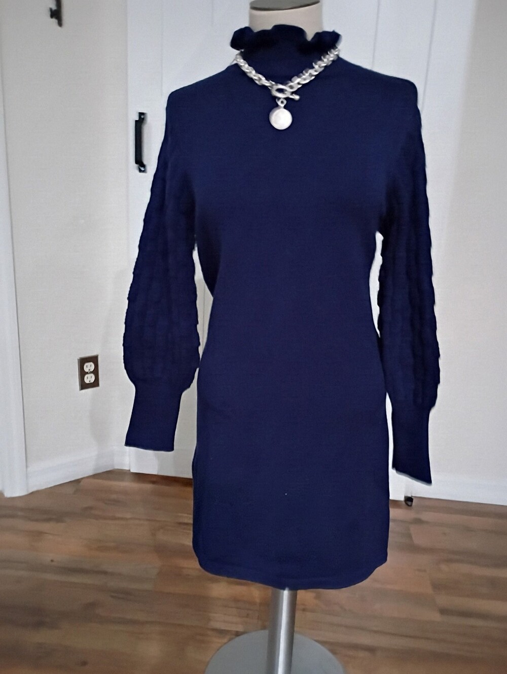 Amazon Essentials Navy Long-Sleeve Mock Neck MIDI Sweater Dress.
